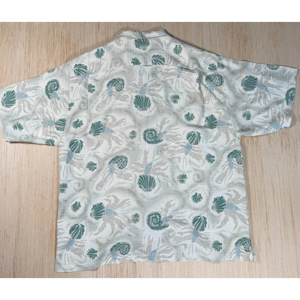 Tommy Bahama Camp Shirt Mens XL Tropical Shell Lobster Print Silk Coastal Cream